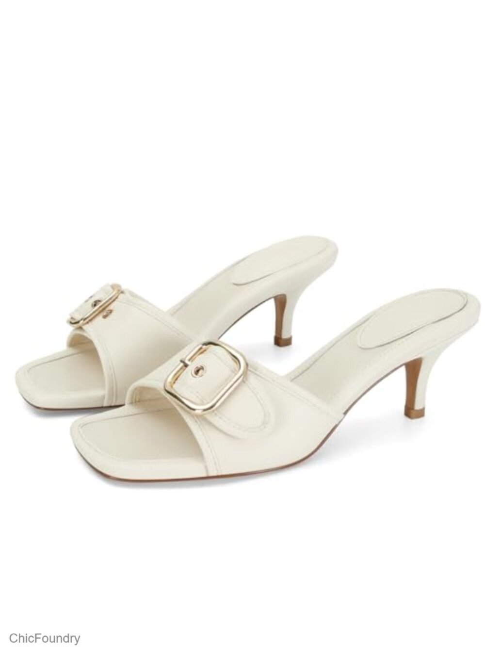 Kitten Heel Sandals Square Open Toe Slip On Mule Heels Vegan Leather Dress Shoes